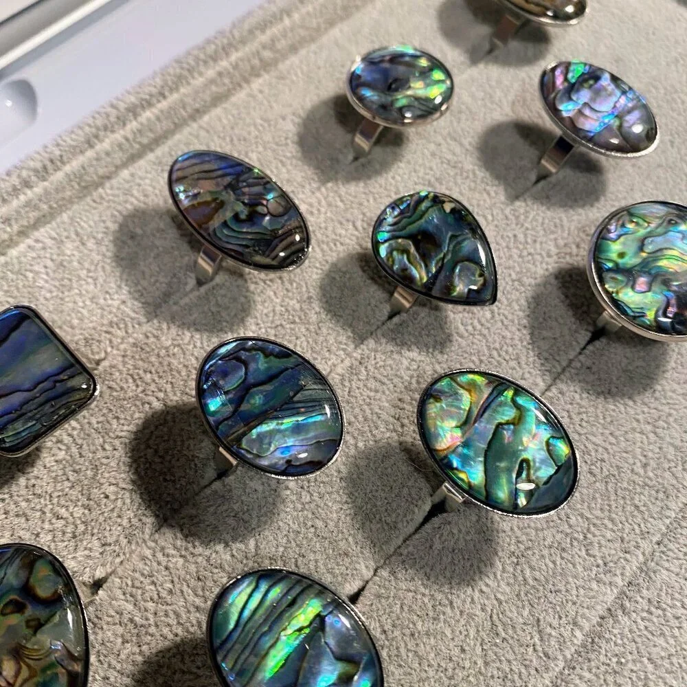 NEW Oversized Abalone Statement Ring Silver Boho Iridescent Shell Jewelry GIFT